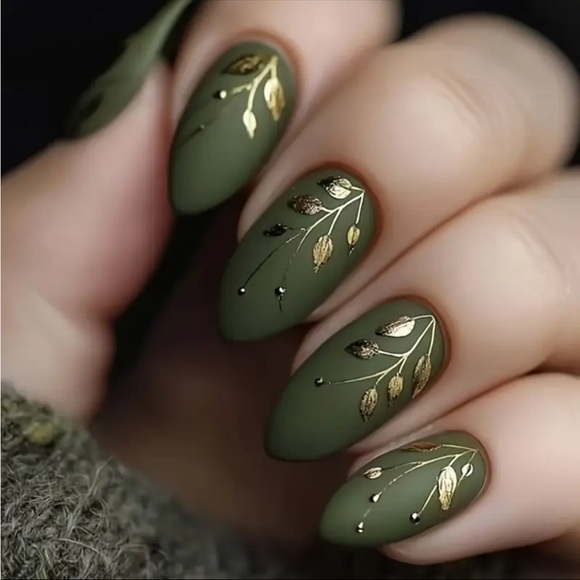 "Luxury Press-On Collection” Other - Elegant NWT Olive Green Nail Art with Gold Accents Green & Gold Leaf Press-On